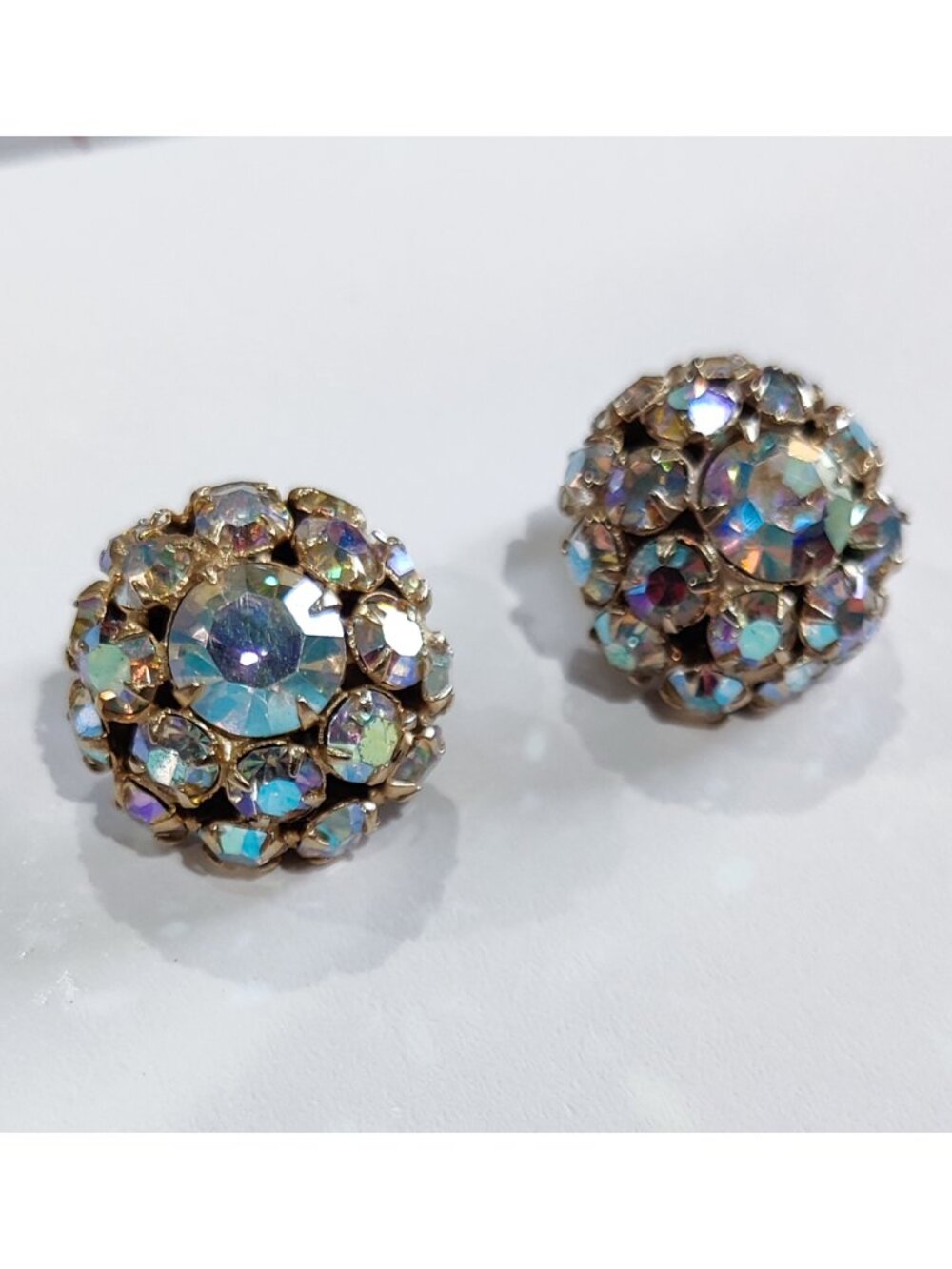 Vintage 50-60s Dome Half Sphere Shape Huggie Earrings AB Crystals